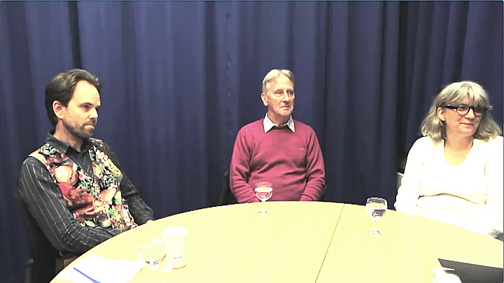 Dr Rupert Read, Charlie Clutterbuck and Professor Cathie Martin at a round-table discussion on GM foods.